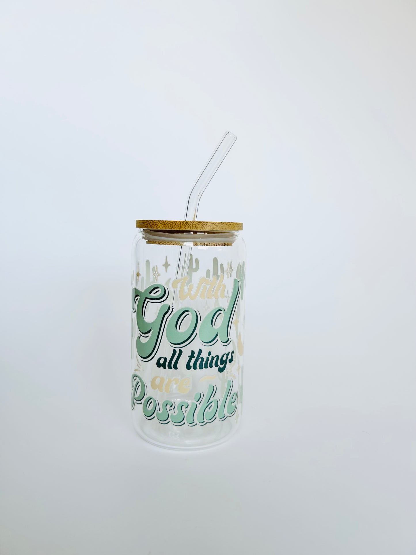 “With God All Things Are Possible” 16oz Glass Tumbler + Straw