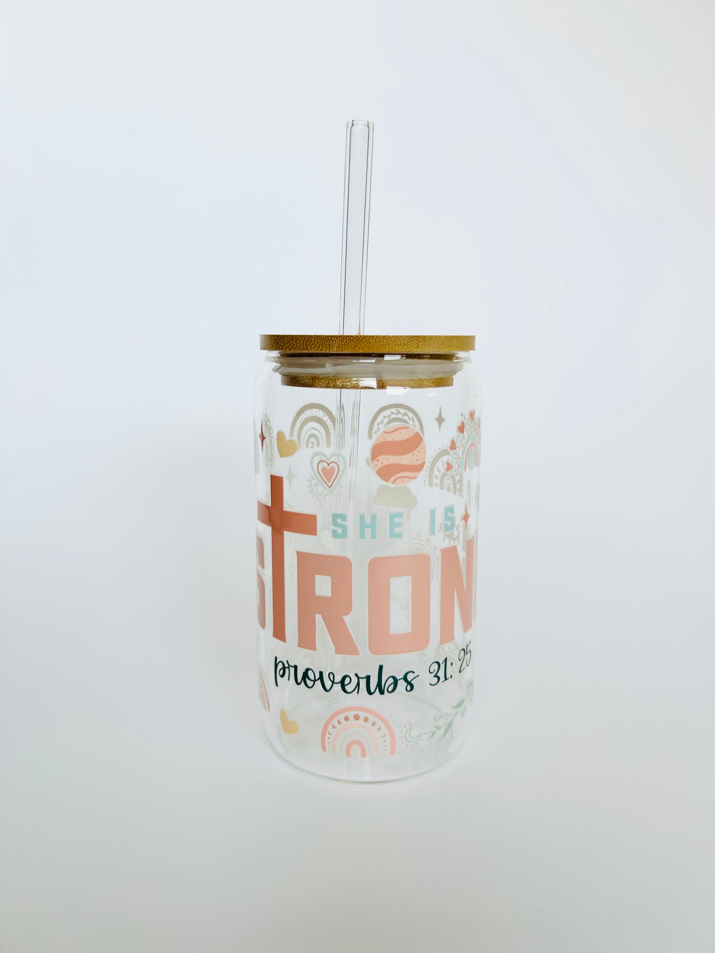 "She is Strong" 16oz Glass Tumbler + Straw