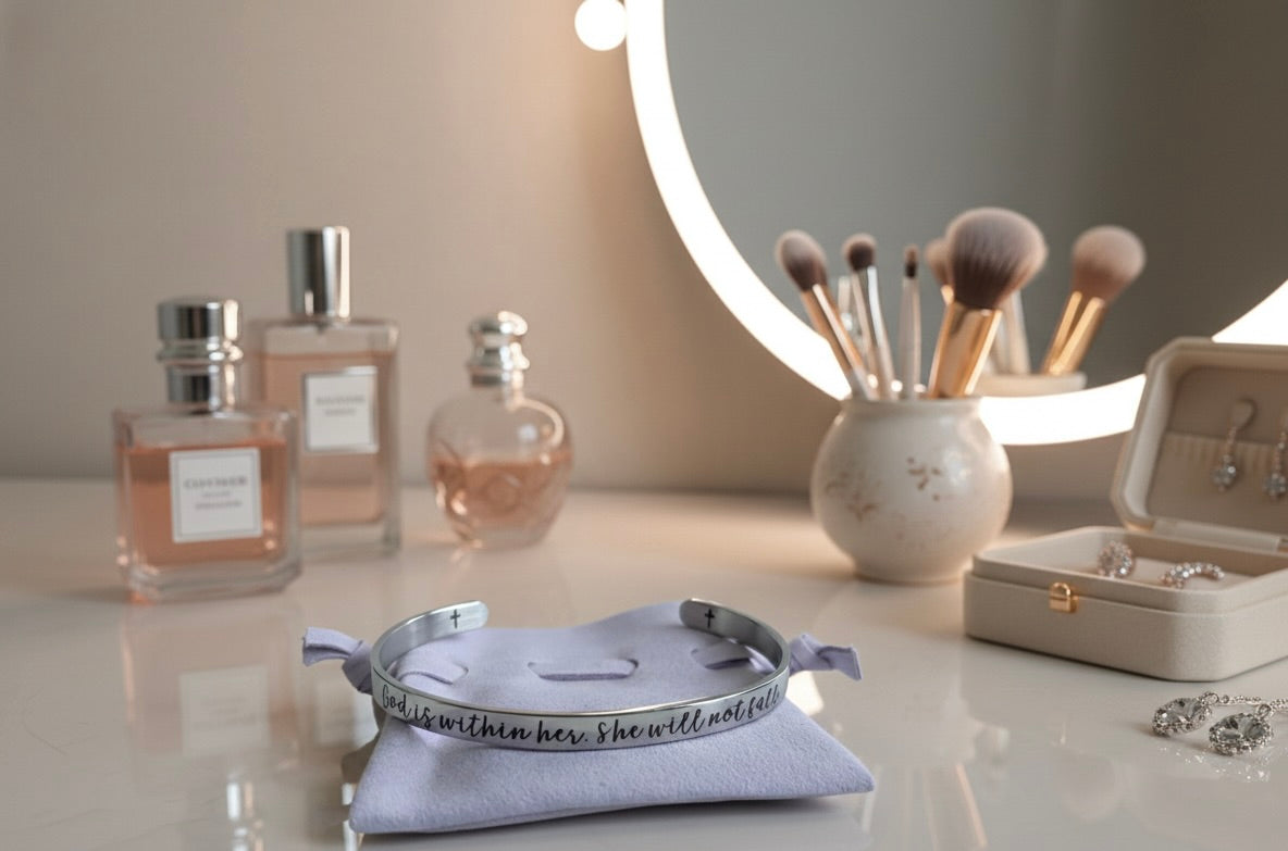 Stainless Steel "God Is Within Her" Inspirational Cuff Bangle – Psalm 46:5 Engraved