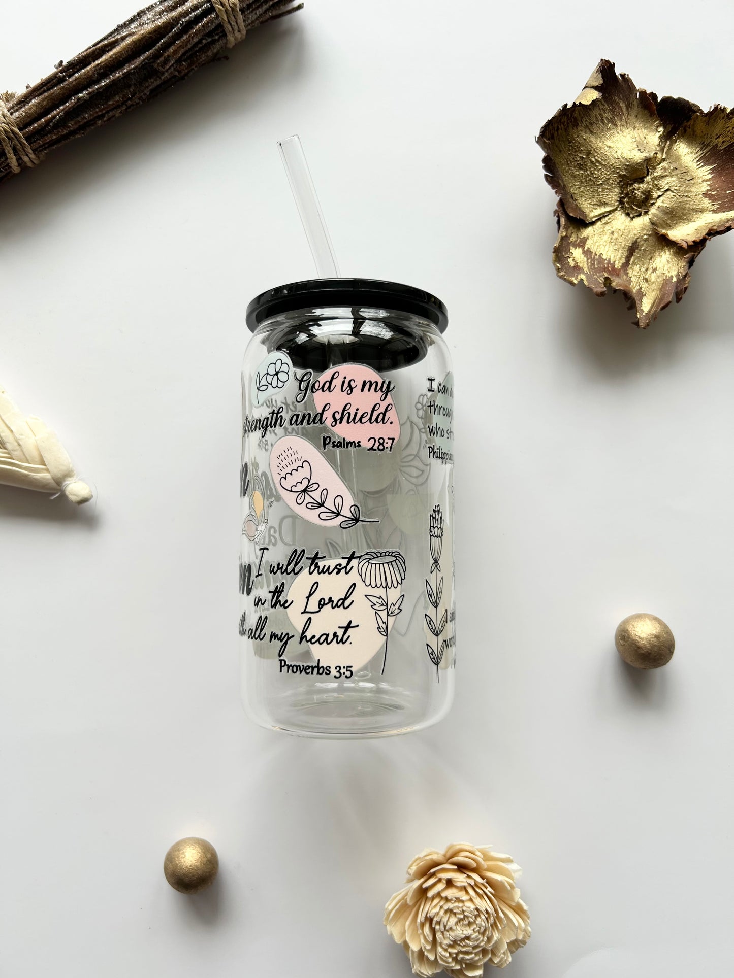 "Christian Daily Affirmation" 16oz Glass Tumbler & Straw