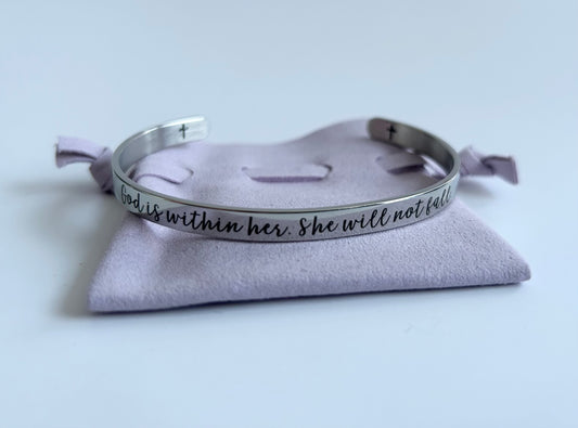 Stainless Steel "God Is Within Her" Inspirational Cuff Bangle – Psalm 46:5 Engraved