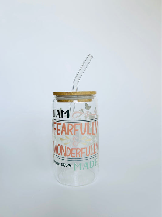 "I am Fearfully & Wonderfully Made" 16oz Glass Tumbler + Straw
