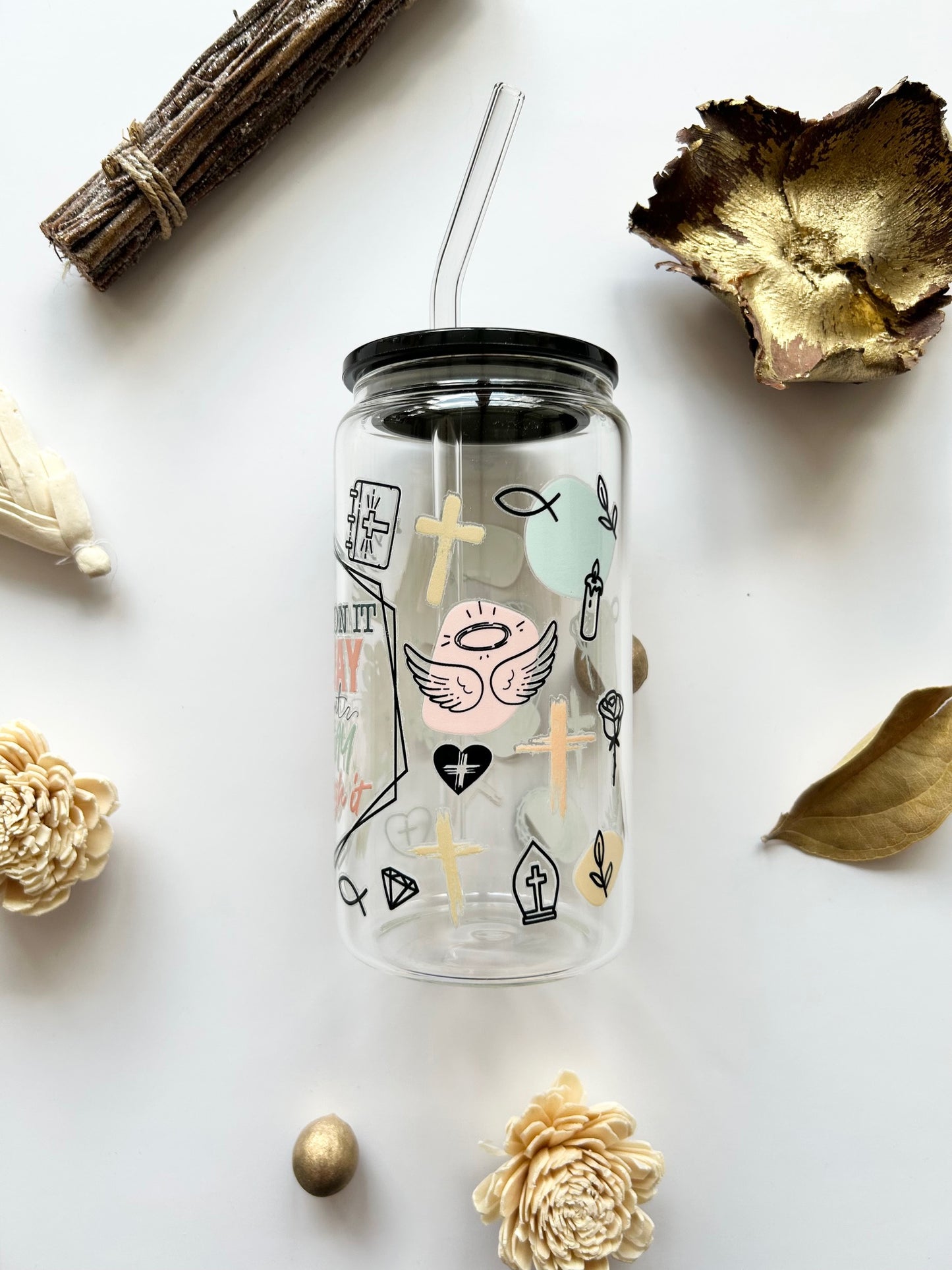 "Pray" 16oz Glass Tumbler + Straw