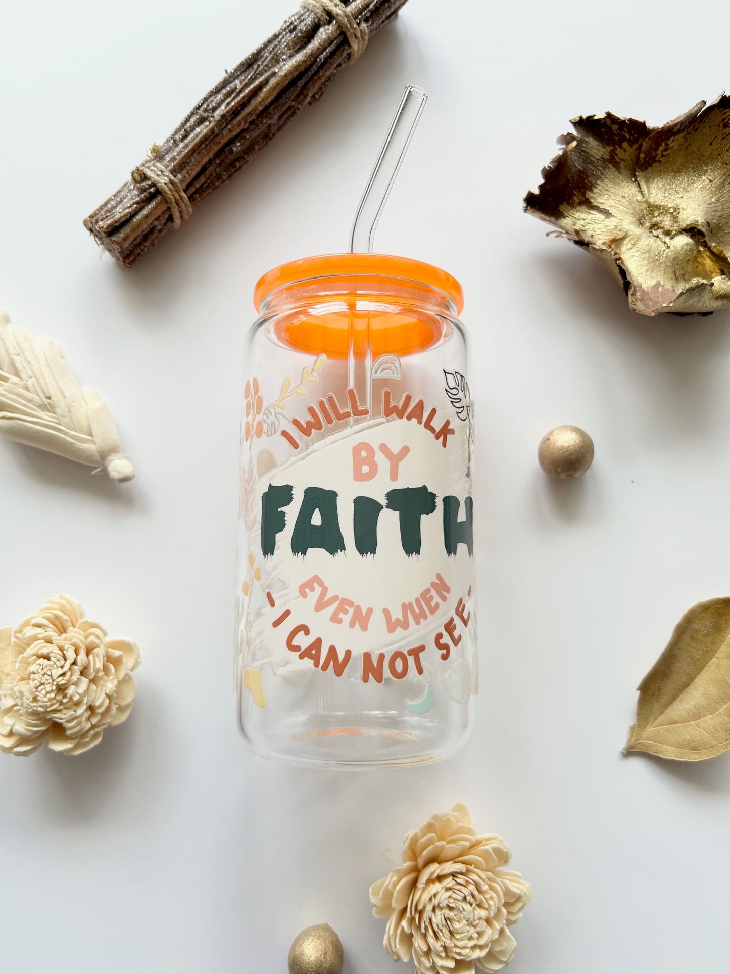 "I Will Walk By Faith" 16oz Glass Tumbler + Straw
