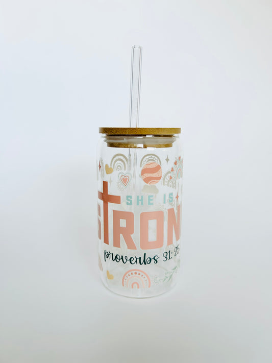 "She is Strong" 16oz Glass Tumbler + Straw