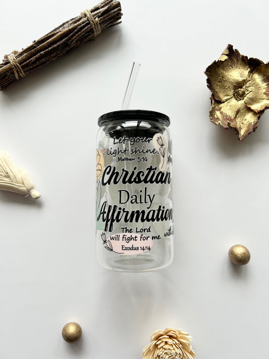 "Christian Daily Affirmation" 16oz Glass Tumbler & Straw