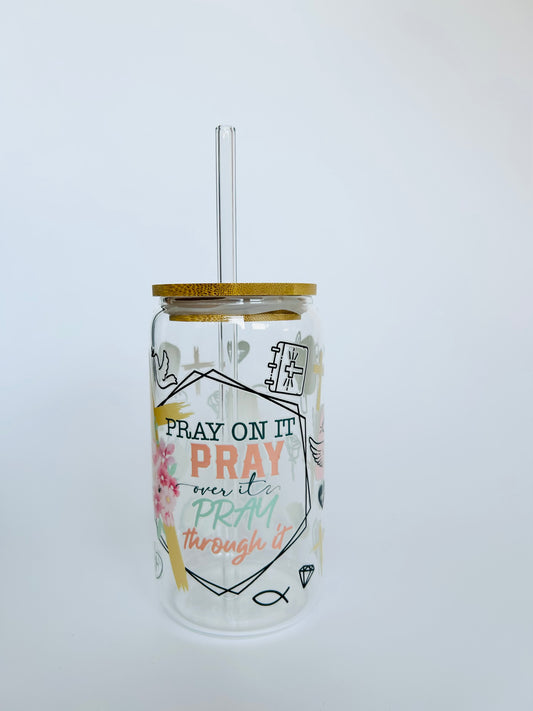 "Pray" 16oz Glass Tumbler + Straw