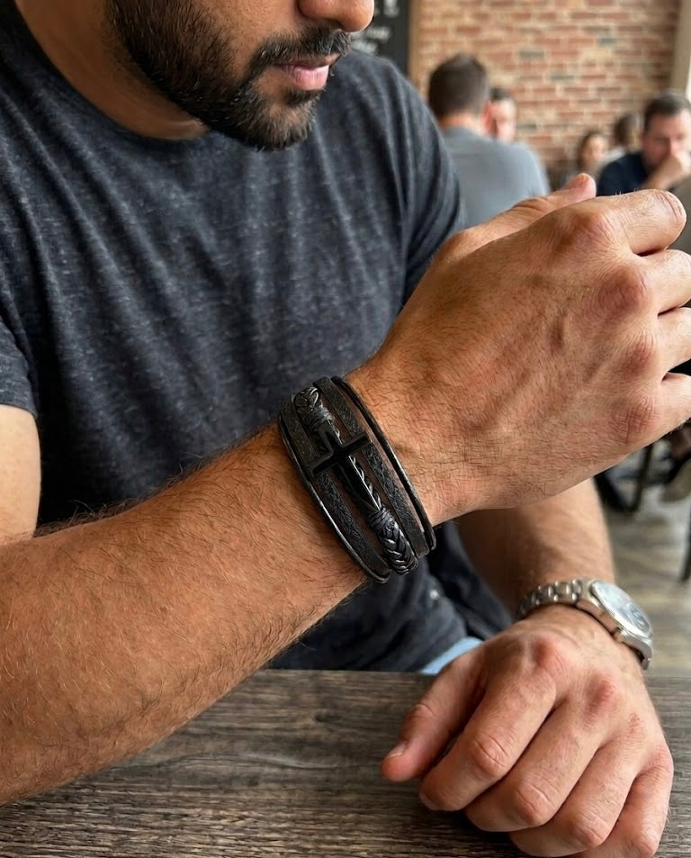 Multi-Strand Faux Leather Cross Bracelet