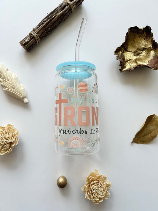 "She is Strong" 16oz Glass Tumbler + Straw