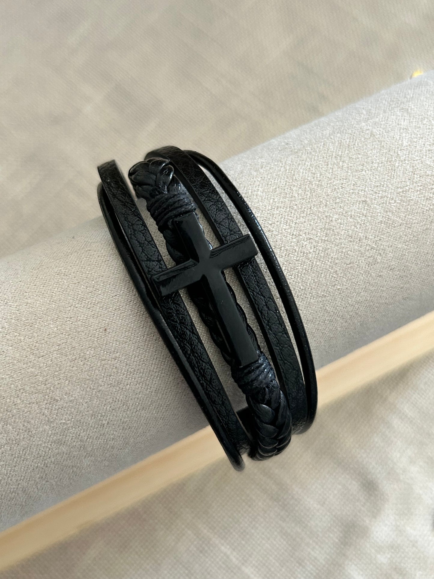 Multi-Strand Faux Leather Cross Bracelet