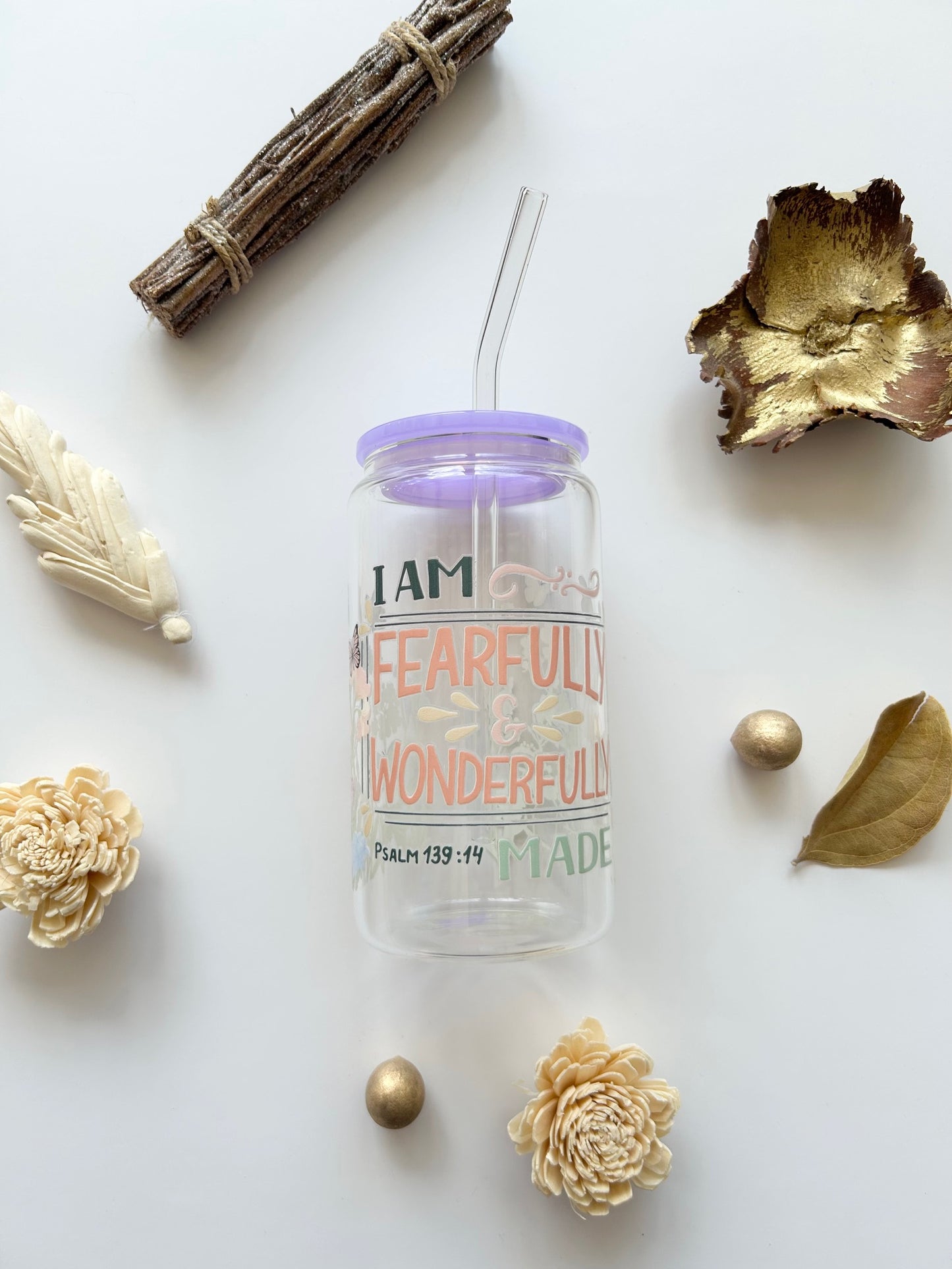 "I am Fearfully & Wonderfully Made" 16oz Glass Tumbler + Straw