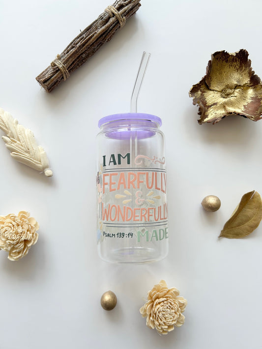 "I am Fearfully & Wonderfully Made" 16oz Glass Tumbler + Straw