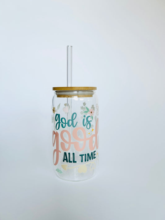 "God Is Good" 16oz Glass Tumbler + Straw