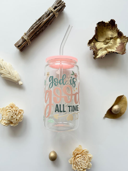 "God Is Good" 16oz Glass Tumbler + Straw