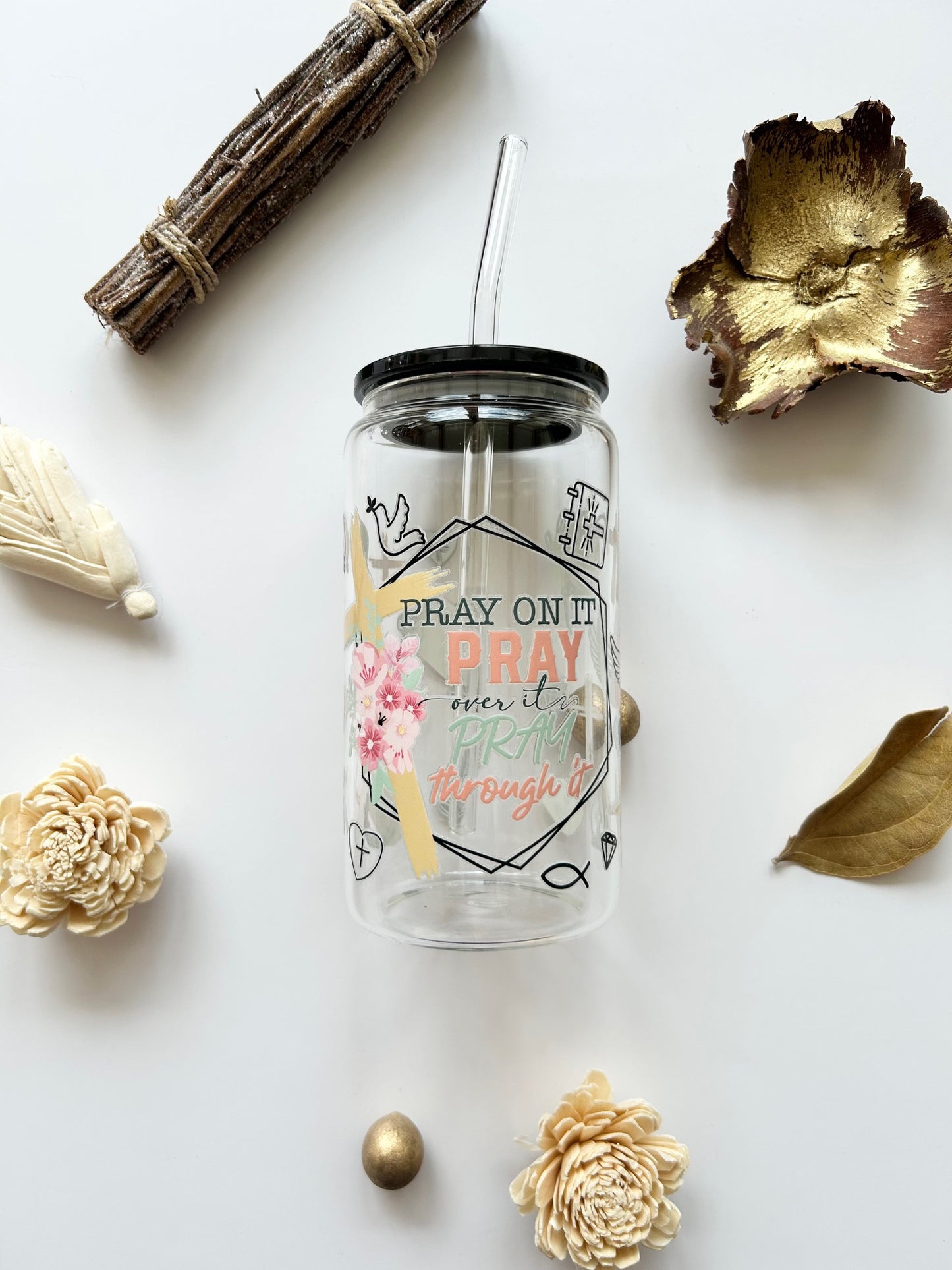 "Pray" 16oz Glass Tumbler + Straw
